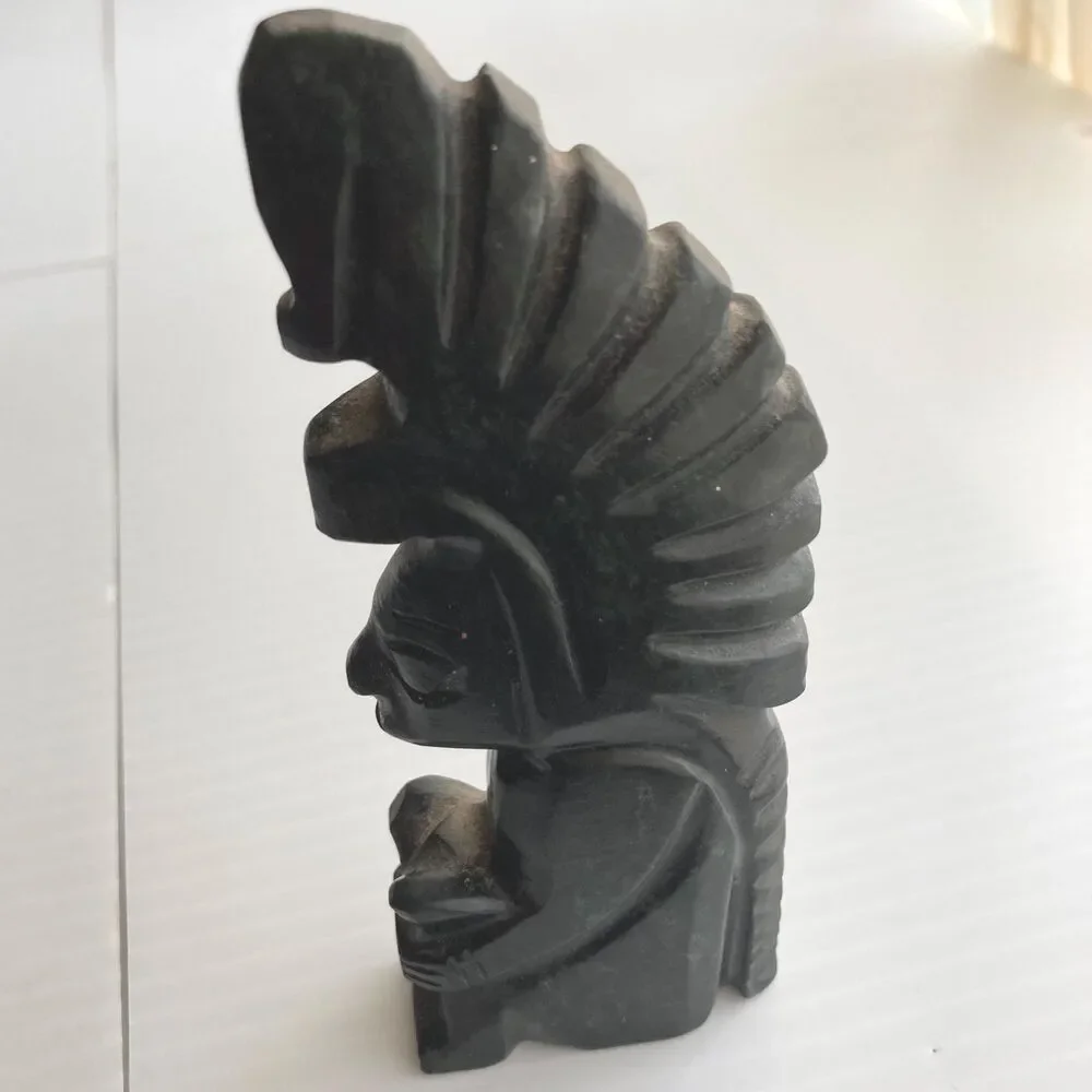 Hand-carved Aztec Head with Headdress Statue Black Obsidian 5 x 2 x 0.75 inches